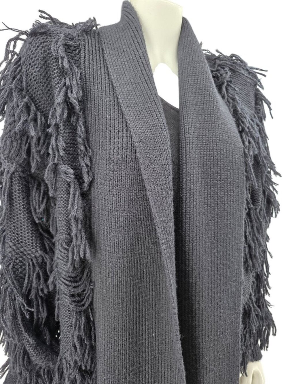 Chunky Knit Black Fringe Cardigan Sweater Open Front Womens Size Medium